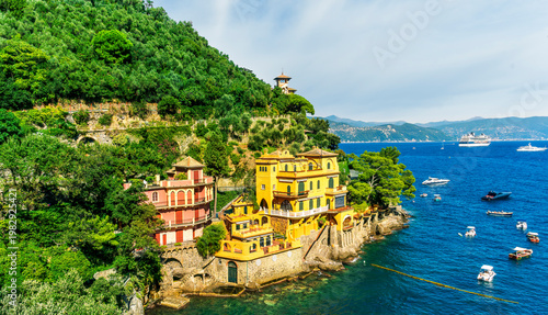 amazing coastal landscape of summer season hotel resort with green trees, sea beach and amazing sunset or sunrise cloudy sky on background