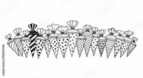 A line of festive, cone-shaped candy bags with various patterns