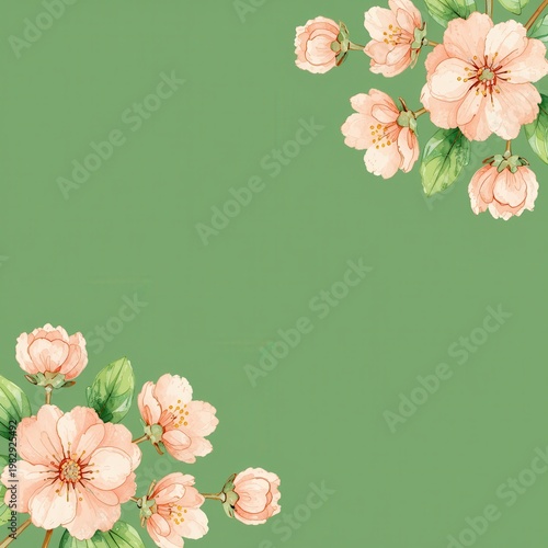 Watercolor Floral Background with Peach Blossoms and Green Leaves in Corners on Solid Green Space for Design