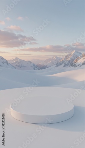 White Circular Podium on Snowy Mountain Landscape Background