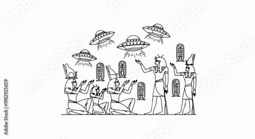 Ancient Egyptian figures with flying saucers depicted in hieroglyphic style