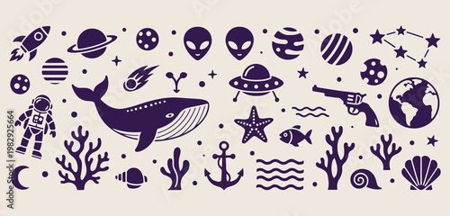 deep sea and space fusion seamless pattern, hand drawn whale and astronaut background, minimalist ufo and marine life wallpaper, aesthetic blue cosmic and aquatic textile design, creative mystery of t