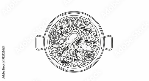 Top view of a detailed line art drawing of a large paella dish
