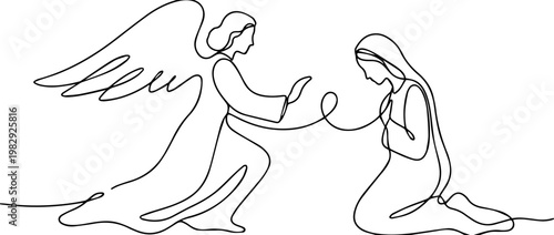 The Annunciation of the Virgin Mary continuous line drawing. Angel Gabriel and kneeling Mary minimalist vector illustration. One line art religious concept