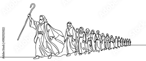 Moses leading the Israelites continuous line drawing. Biblical exodus concept vector illustration. Minimalist single stroke crowd outline isolated on white background