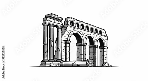 Ancient stone ruins of a coliseum with arched openings and pillars