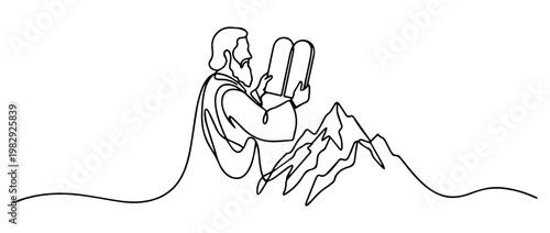 Moses holding the Ten Commandments on Mount Sinai. Continuous one line drawing vector illustration