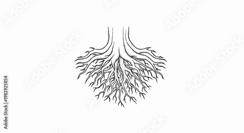 Intricate black and white illustration of a tree's deep, spreading root system