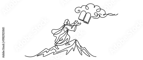 Moses receiving the Ten Commandments from God on Mount Sinai. Continuous one line drawing vector illustration