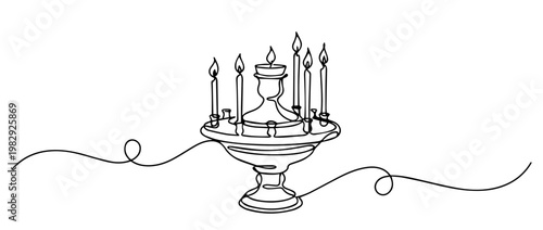 Continuous line drawing of a candelabra with burning candles. Minimalist vector illustration for church and religious concepts