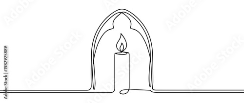 Single burning candle in an archway continuous line drawing. Minimalist vector illustration for church and spiritual concepts
