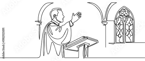 Continuous one line drawing of a priest preaching in a church. Minimalist vector illustration of a pastor at a podium
