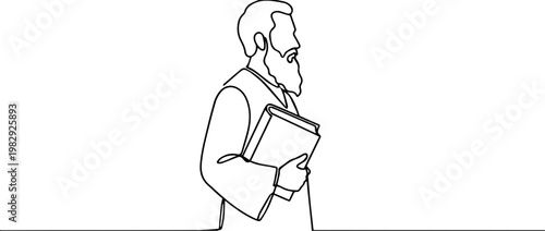 Continuous one line drawing of a bearded preacher holding a Bible. Minimalist vector illustration of a religious man