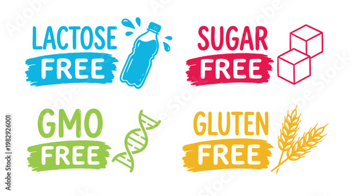 Food allergy and dietary restriction labels lactose sugar gmo and gluten free icons