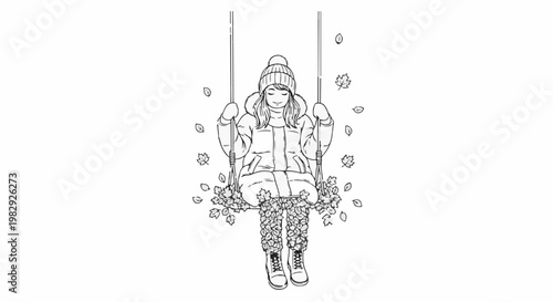A child in a winter coat and hat sits on a swing surrounded by falling autumn leaves