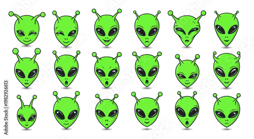 Green Alien Faces Set: Expressions, Emotions, Sci-Fi, Extraterrestrial Characters