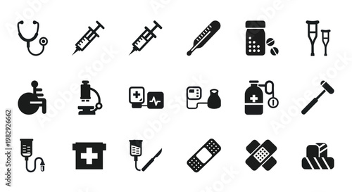 Medical Health Care Icons Set: Stethoscope, Syringe, Thermometer, Pills, Crutches