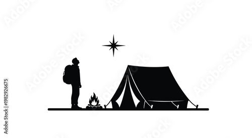 A silhouetted camper gazes at a star above a tent and campfire
