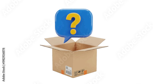Vector illustration of 3d illustration of a yellow question mark in a blue speech bubble above an open cardboard box on a transparent background