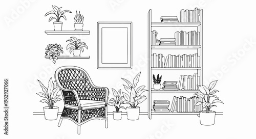 Cozy room with plants, books, and a wicker chair