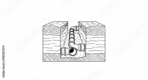 Cross-section view of underground pipe system with T-junction and elbows