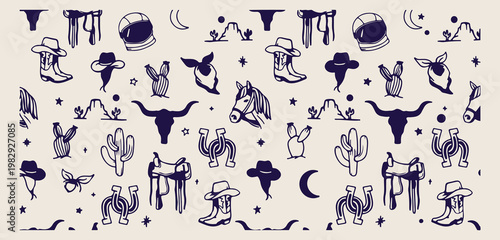 western cowboy and desert seamless pattern, hand drawn doodle rodeo icons background, minimalist cactus and horse wallpaper, aesthetic southwest prairie textile design, creative wild west nature art, 