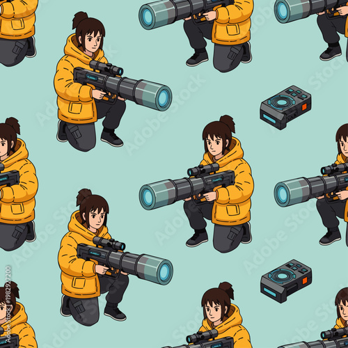 Seamless pattern of a woman in a yellow puffer jacket aiming a futuristic rifle, digital art, isometric view