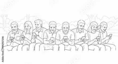 Diverse group of people sitting outdoors, engrossed in their mobile phones