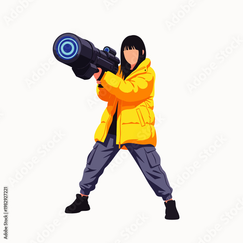 Young woman in yellow puffer jacket holding a futuristic sci-fi weapon, isolated on white background