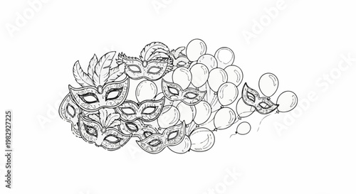 Elaborate masks and balloons create a festive party scene illustration