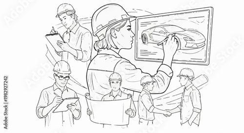 Engineers collaborating on a car design blueprint, sketching, and discussing plans