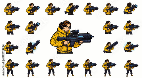 Pixel Art Female Character Holding Futuristic Sci-Fi Gun, Multiple Poses and Angles, Retro Gaming Style