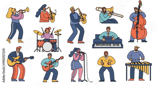 A vibrant illustration of musicians playing various jazz instruments on International Jazz Day with a lively and musical mood