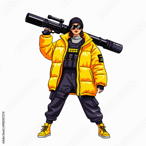 Stylish young woman in yellow puffer jacket and sunglasses holding a rocket launcher, cartoon style illustration