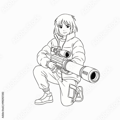 Young girl in a puffer jacket holding a large futuristic rifle, kneeling, anime style illustration