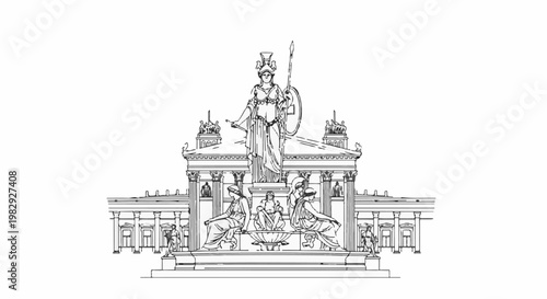 Majestic classical building with Athena statue and surrounding figures