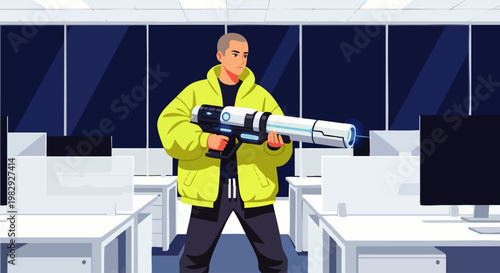 Man in bright yellow jacket holding sci-fi futuristic weapon in modern office environment with cubicles and computers