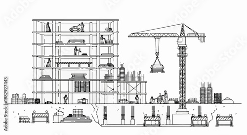 Multi-story building under construction with crane and workers