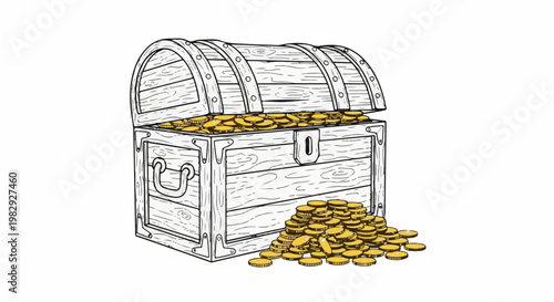 Open treasure chest overflowing with gold coins, pile spilled out