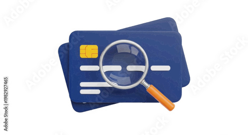 Vector illustration of magnifying glass over a stack of blue credit cards on a transparent background