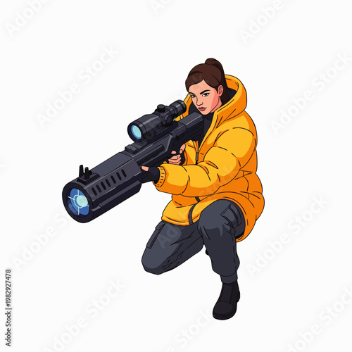 Woman in yellow puffer jacket holding a futuristic sci-fi weapon, crouching and aiming, isolated on white background