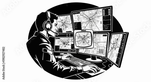 Operator with headset monitors multiple screens displaying maps and data