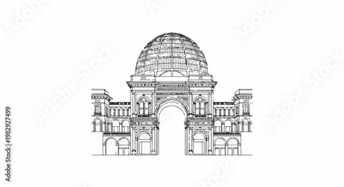 Ornate archway with a large dome structure, detailed classical architecture