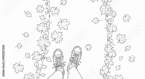 Pair of feet in sneakers standing on a path covered with fallen leaves