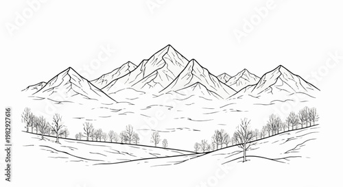 Panoramic view of majestic mountains and bare trees on rolling hills