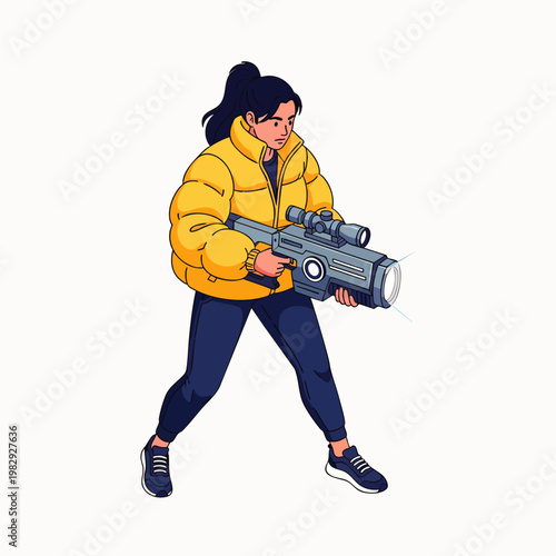 Young woman in a yellow puffer jacket holding a futuristic laser gun, isolated on white background, cartoon style illustration