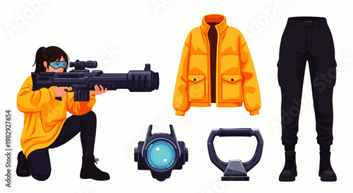 Woman with sniper rifle, tactical gear, and futuristic equipment, ready for action in a sci-fi setting