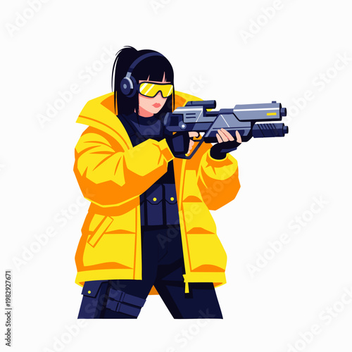 Cyberpunk female soldier in yellow jacket and goggles aiming futuristic weapon, neon colors, sci-fi concept art