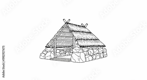 Rustic thatched hut with stone base and wooden structure