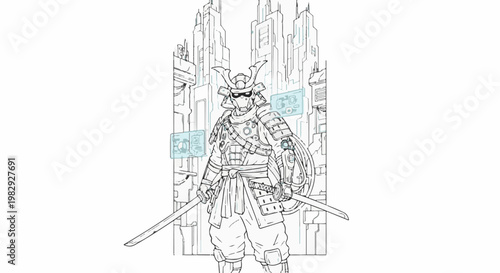 Sci-fi samurai warrior stands in a futuristic city with holographic displays